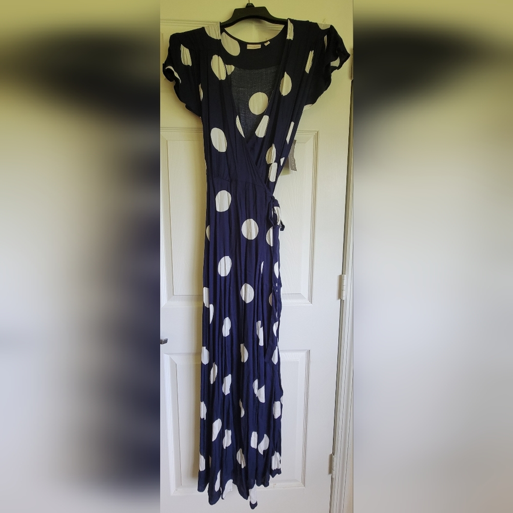 Navy blue polka dot wrap dress
